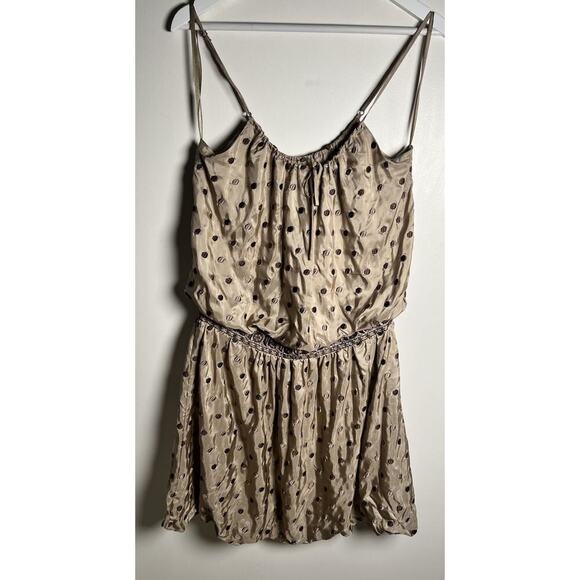 Max Azria Collection Sz 4 Tan 100% Silk Embroidered Polka Dot Bubble Hem Dress - Picture 2 of 12